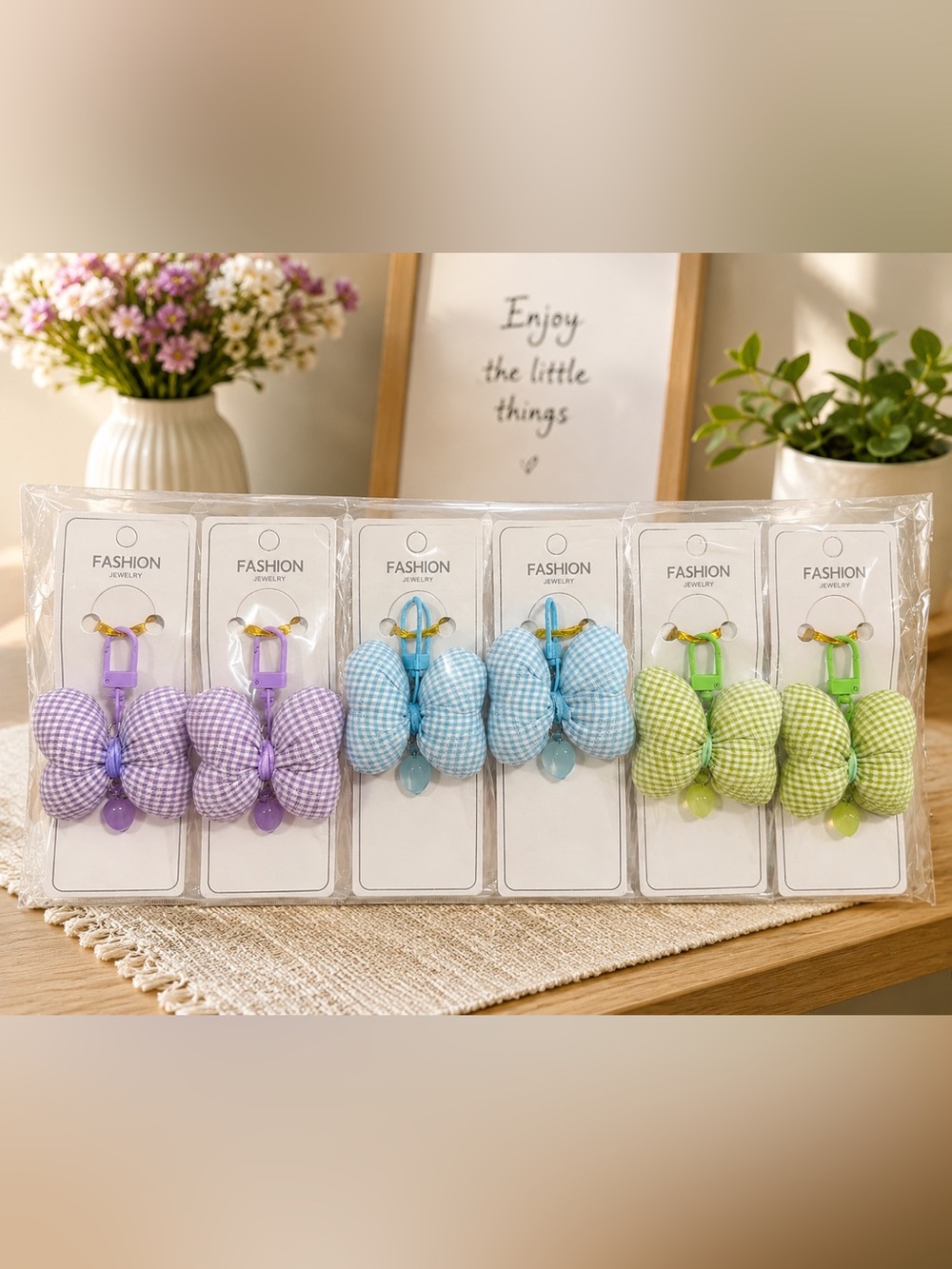 6 bow bag charms, purple blue and green